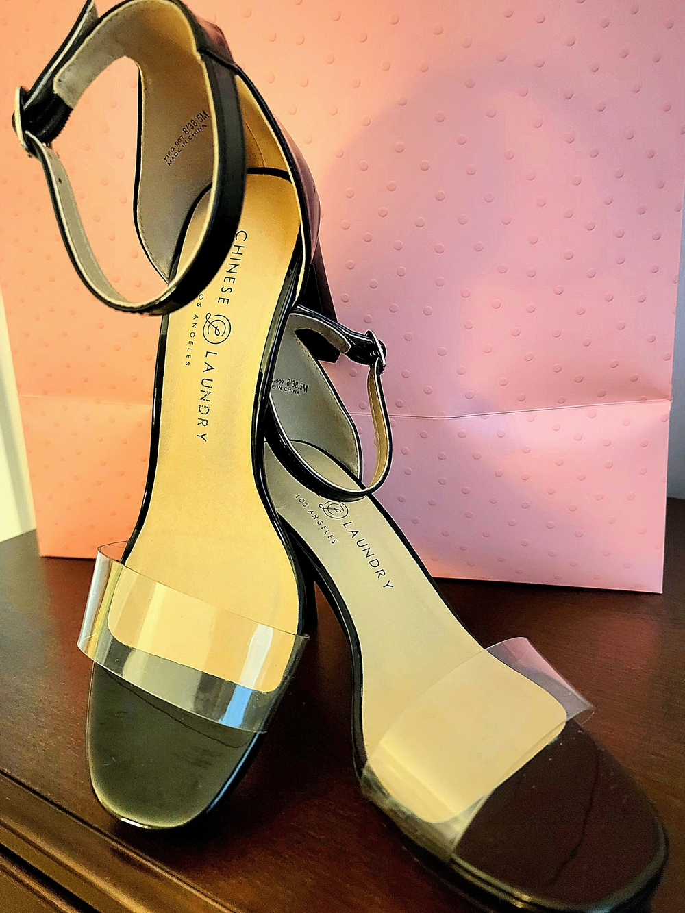 Chinese Laundry Black Heeled Sandals with Clear Toe Strap